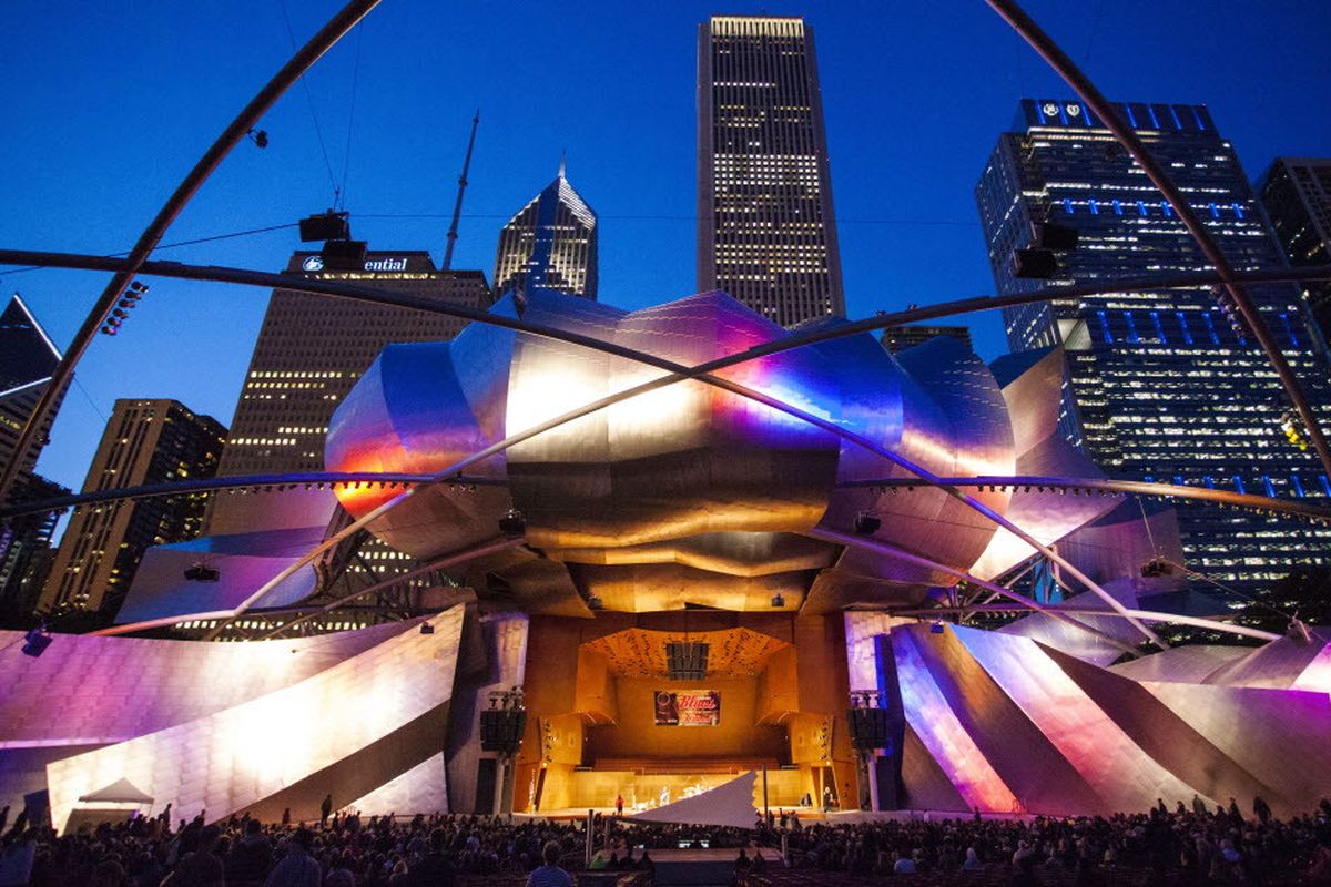 Front view of the Jay Pritzker Pavilion